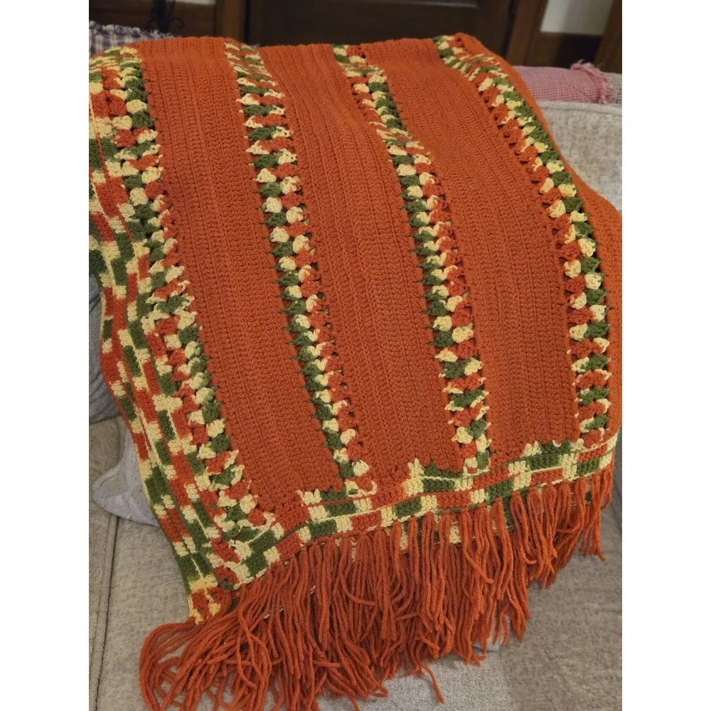 Vintage Crocheted Afghan Throw Blanket Orange Green Yellow Fringe 64x46 Handmade
